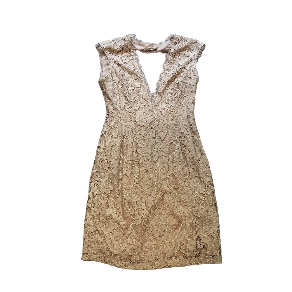 Aidan By Aidan Mattox Beige Open Back Lace Sheath Dress, Sz 8 - Picture 11 of 15